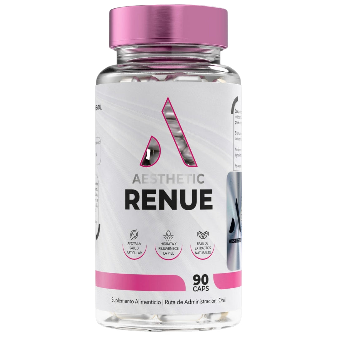 Aesthetic RENUE colágeno hidrolizado con ácido hialurónico y biotina. Suplemento premium para piel radiante, cabello fuerte y uñas saludables en México
