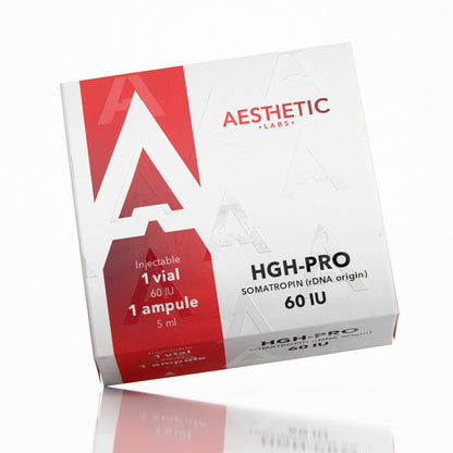Frasco de 5ml de HGH PRO 60 UI Aesthetic Labs somatropina liofilizada e diluente para suplementação esportiva.