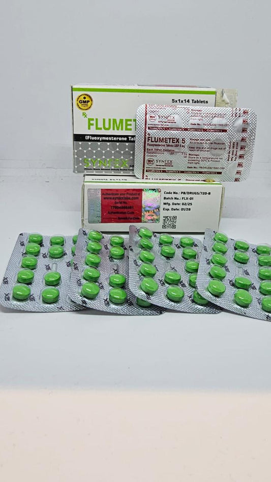Frasco de Flumetex 5 Syntex Labs 5 mg con 70 comprimidos de fluoxymesterona, Halotestin original para fuerza explosiva y densidad muscular.