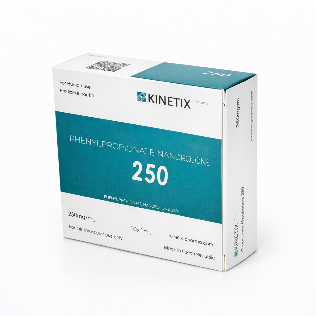 Caja de NPP (Nandrolona Fenilpropionato) Kinetix Pharma 250 mg con 10 ampollas de 1 ml, la mejor nandrolona rápida europea para masa y fuerza en Mamados México.