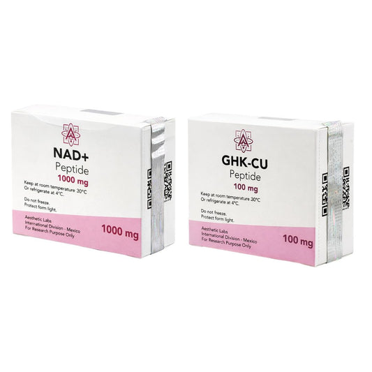 Compra kit de péptidos GHK-Cu 100 mg + NAD+ 1000 mg en México. Protocolo de péptidos para regeneración celular y energía avanzada.